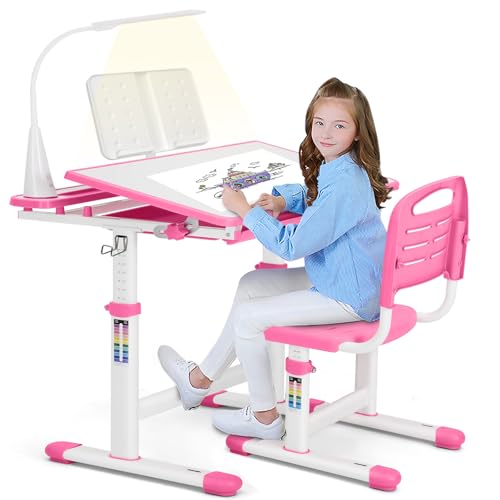 Artist Hand Kids Study Desk and Chair Set Height Adjustable Children School Girl Table Large Writing Board Desk with LED Lamp Pull Out Drawer Pencil Case Bookstand Pink