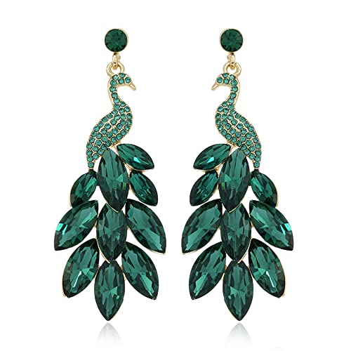 Boucles d'oreilles pendantes vintage en forme de paon pour femmes et filles Plaqué Cristal vert Plume de peafowl Boucles d'oreilles pendantes bohème...