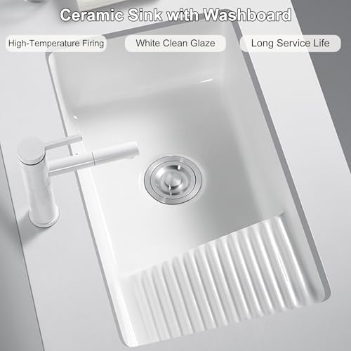 White Ceramic Undermount Utility Sink with Washboard & Stainless Steel Faucet, Perfect for Laundry Rooms & Balconies, 60x40x21cm (23.6x15.7x8.3in)