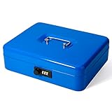 Safe Metal Cash Box with Money Tray & Combination Lock, Decaller Large Lock Storage Money Box with 5 Compartments Cash Tray, Blue, 11 4/5