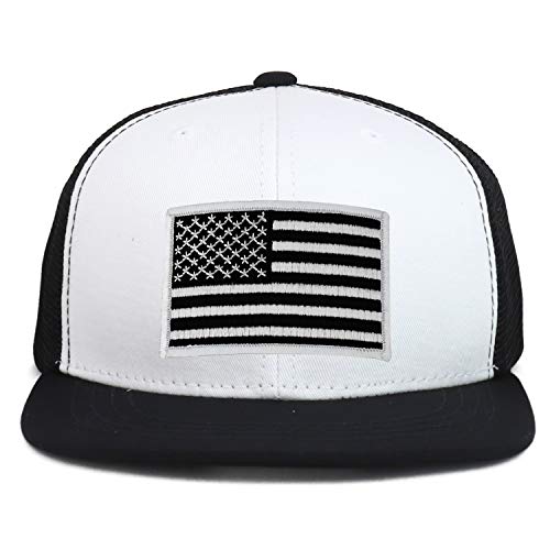 Armycrew Youth Kid's Black White American Flag Patch Flat Bill Snapback Trucker Cap - White Black