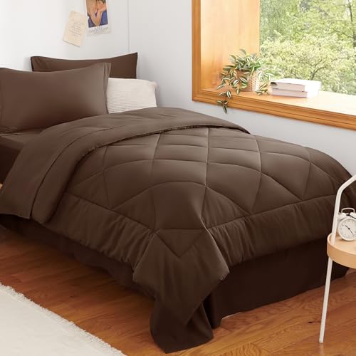 Image of CozyLux Twin Comforter Set with Sheets Brown - 5 Pieces Bed in a Bag Twin, All Season Bed Set for Girls and Boys, Bedding Set with Down Alternative Comforter, Sheets, Pillowcase & Sham