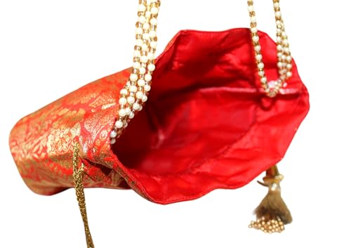 Image of MILAN'S CREATION Banarasi Silk Brocade Potli Bag Purse With Base Drawstring Women's handbag with Pearl Handle & Tassel Weddings