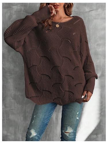 Women's Hollow Out Sweater Long Sleeve Boat Neck Oversized Pointelle Knit Pullover Top3