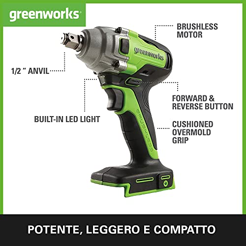 Greenworks GD24IW400K4 Bullonatrice a Impulsi a Batteria, Brushless, 0-2800 giri/min, 0-4000ipm, 400Nm di Coppia, Attacco Quadrato 1/2" (1,27cm), CON Batteria 24V 4Ah e Caricabatterie, Garanzia 3 Anni - Immagine 1