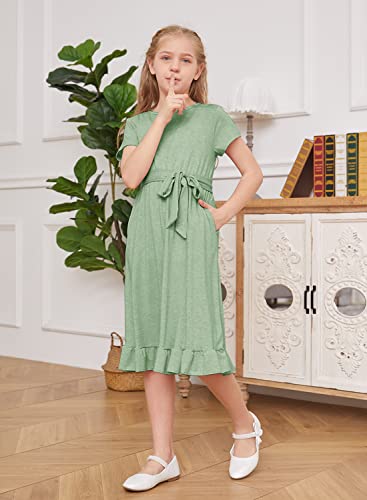 Mitilly Girls Summer Crewneck Short Sleeve A-Line Ruffle Casual Midi Dress With Pockets 12 Years Light Green #TOP5