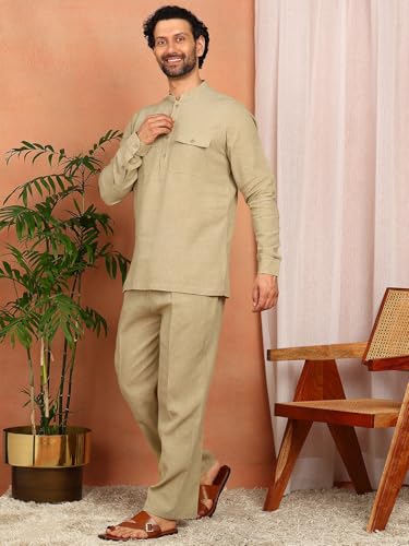 Image of See Designs Men's Full Sleeve Mandarin Collar Linen Solid Pathani Set