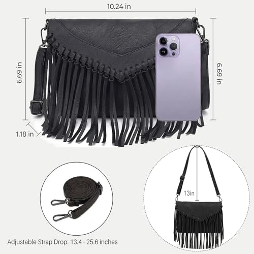 Image of Fringe Crossbody Purse for Women, Vintage Leather Western Boho Purse, Tassel Small Handbag Shoulder Bag