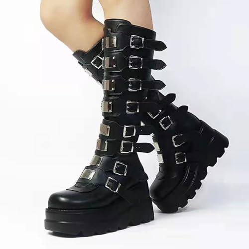 Women Platform Knee High Goth Boots Zip Round Toe Wedge Punk Mid Calf Boots Buckle Chunky High Heel Combat Boots2