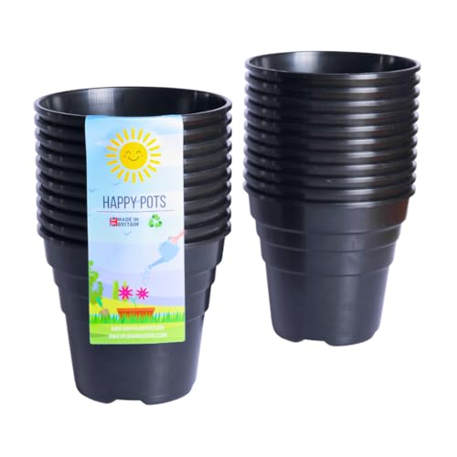 Happy Pots - 10cm Gloss Black - Pack of 20 Premium Plastic Plant Pots - Reusable Flower Pots for Indoor/Outdoor Home Décor Gardening - Round, Heavy Duty, UV Resistant, Recyclable - Made in UK