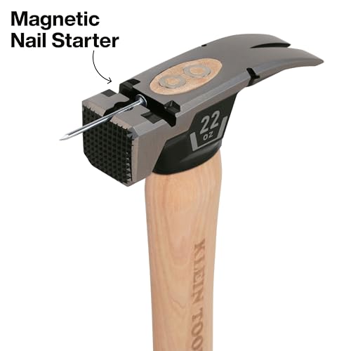 Image of Klein Tools H80922H Milled Face Framing Hammer with Straight Claw, 22-Ounce Forged Steel, Hickory Handle, California Framing Style, Magnetic Nail Starter, and Extra-Large Squared Strike Face