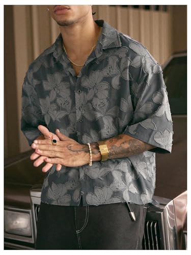 SHENHE Men's Floral Button Down Shirt Short Sleeve Frayed Trim Textured Summer Shirt Streetwear3