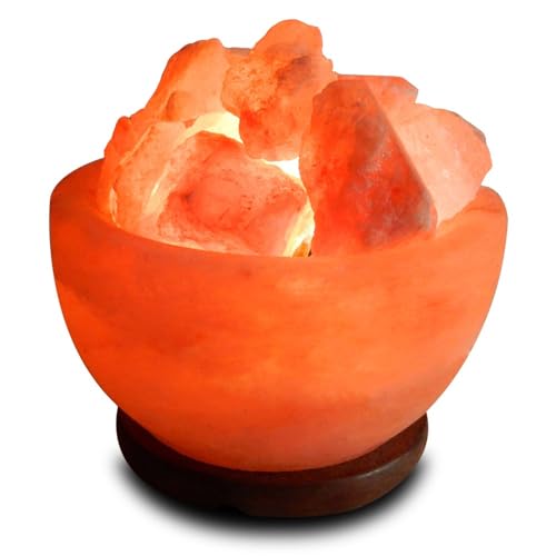 Elkoza Chunks Fire Bowl Salt Lamp Handmade Wood Silhouette Natural Healing IONES Therapeutic 100% Pure Himalayan Pink Crystal Salt Lamp Fine Quality (Chunks Fire Bowl Salt Lamp Himalayan)