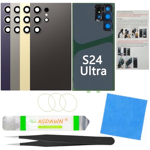 Galaxy S24 Ultra Back Cover Glass Replacement with Pre-Installed Camera Lens + Installation Manual + Repair Tools for Samsung Galaxy S24 Ultra 5G SM-S928 All Carriers (Phantom Black)