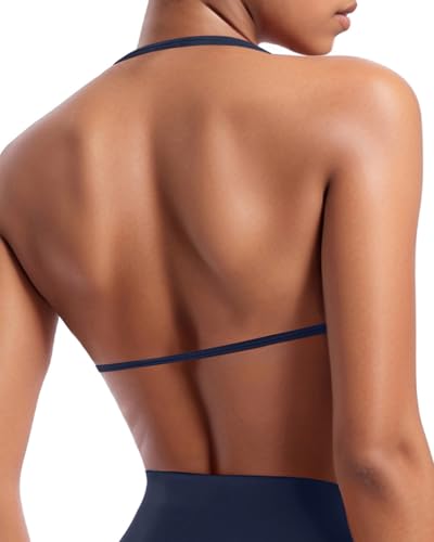 Image of OMKAGI Halter Sports Bras for Women Padded Strappy Bra Open Back Workout Gym Crop