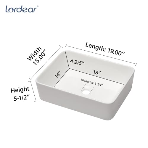 Lordear B07H67P6MM Vessel Sink Rectangle 19 Inch Bathroom Sink,Rectangular Modern Above Counter Bathroom Sinks White 19X15 Inch Porcelain Ceramic Vessel Vanity Sink Art Basin thumb #2