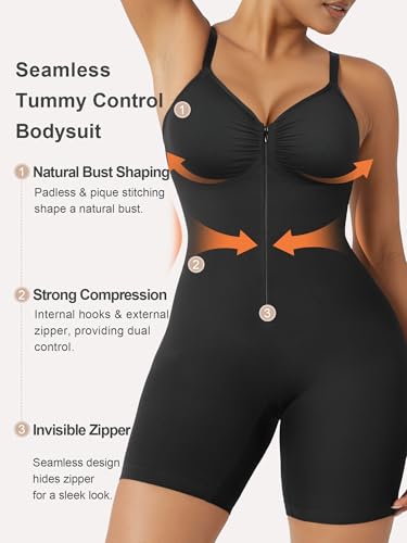SHAPERX Shapewear Bodysuit Bauchkontrolle Nahtlos Body Shaper Mid-Thigh mit Reißverschluss & Haken Verstellbare Träger Figurformend für Alltag & Party, UK-SZ5862-Black-L/XL