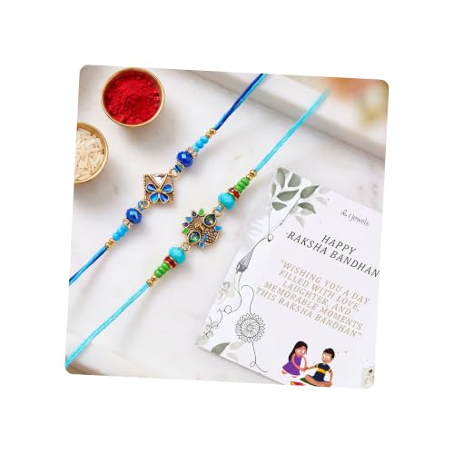 Image of I Jewels Traditional Designer Pack of 2 Rakhis with Decorative Crystal Work, Beads and Pearl Style Accents for Men Boys Brother Roli Chawal & Raksha Bandhan Card