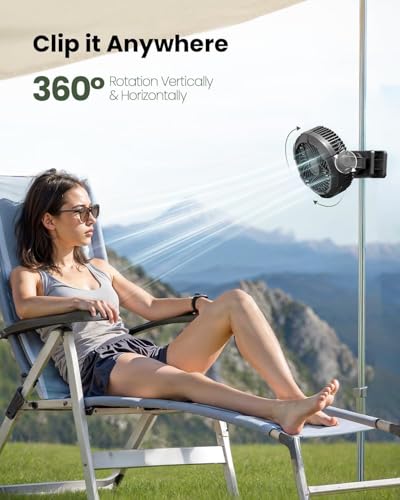 Gaiatop Tragbarer Campingventilator mit LED-Laterne, 4000 mAh persönlicher wiederaufladbarer USB-Ventilator, 360° drehbar, leiser kleiner Ventilator mit LED-Digitalanzeige & Aufhängehaken,