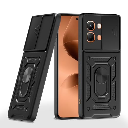 Image of Pikkme Back Cover for Infinix Note Edge 5G | 360 Protection Case | Sliding Camera Shield Cover & Ring Holder Stand D10 Tough Armor Bumper Case (Black)