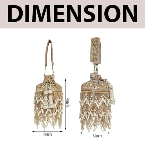 Image of Nevis Silk Fabric Designe Fringe Potli Bag with Pearl Tassels & Beaded Handle | Luxury Ethnic Drawstring Clutch for Wedding
