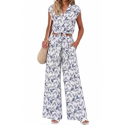 2 Piece Sets For Women Summer Striped Button Down Tie Front Crop Tops Wide Leg Pants 