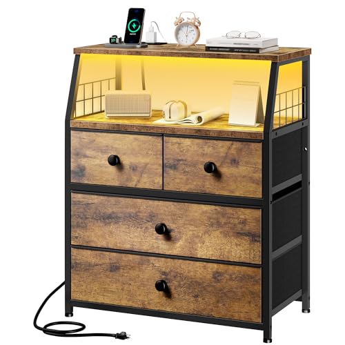 21.8"W Nightstand with Charging Station & LED Lights, Bedside Table