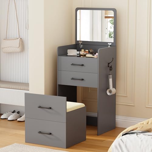 OUTDOOR DOIT Tocador de Maquillaje 3 en 1 con Espejo y Tapa Abatible,Tocador Maquillaje con Taburete Tapizado con Tres Cajones, Tocadores para Dormitorio y Vestidor,Gray
