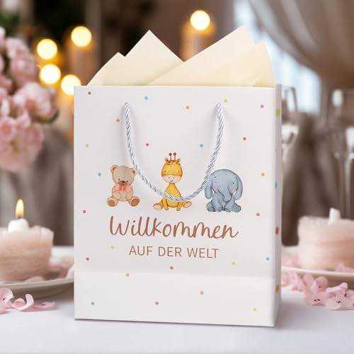 MEJOSER Geschenktüten Geschenke zur Geburt Geschenktasche mit Henkel Willkommen auf der Welt Junge Mädchen Babyparty Baby Shower Papiertüten mit Griff Verpackung mit Seidenpapier