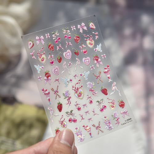Image of Pink Nail Stickers Decals Bow Heart Nail Art Stickers with Strawberry Cherry Design 5D Embossed Self Adhesive Cute Nails Charms for Women Girls Manicure Decoration Accessories