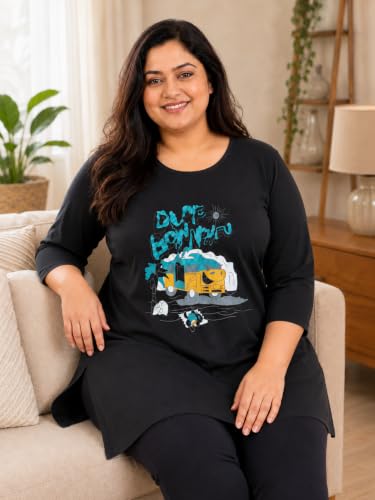 Image of RYSH Women's Plus Size Printed Nightshirt | Round Neck | 3 /4 Sleeve | Relaxed Fit Long Nightwear Top |