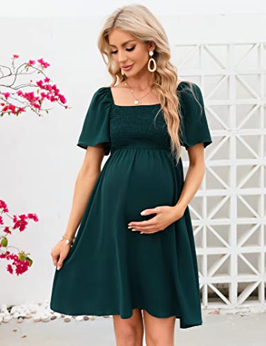 KOJOOIN Summer Maternity Dress Women Smocked Square Neck Puff Sleeve Off Shoulder Pregnancy Baby Shower Photoshoot Dress — view 4