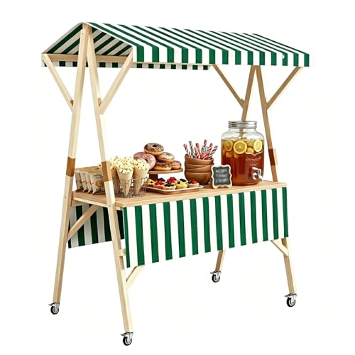 Chariot de bonbons en bois vert 150cm pliable avec auvent rayé pour stand événementiel