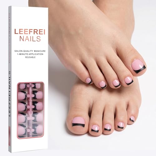 Leefrei Press on Toenails for Women Short Square Pre-designed Matte Black French Tip Toe Press on Nails Fake Toe Nails for DIY 15 Sizes 150 pcs Glue on Toe Nail Tips Extensions (TPSN02)