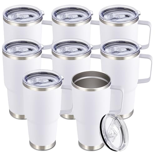 Image of 30 oz Stainless Steel Tumblers Bulk with Handle and Lid, 8 Pack | Powder Coated, Double Wall Vacuum Insulated, Leak Proof Lid, Keep Drinks Cold and Hot, for office, party, camping, White