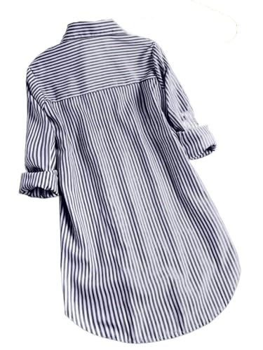 Button Down Shirts for Women Striped Shirt, Short Front Long Back, Sleeve Tops Fall Cloth Navy Blue