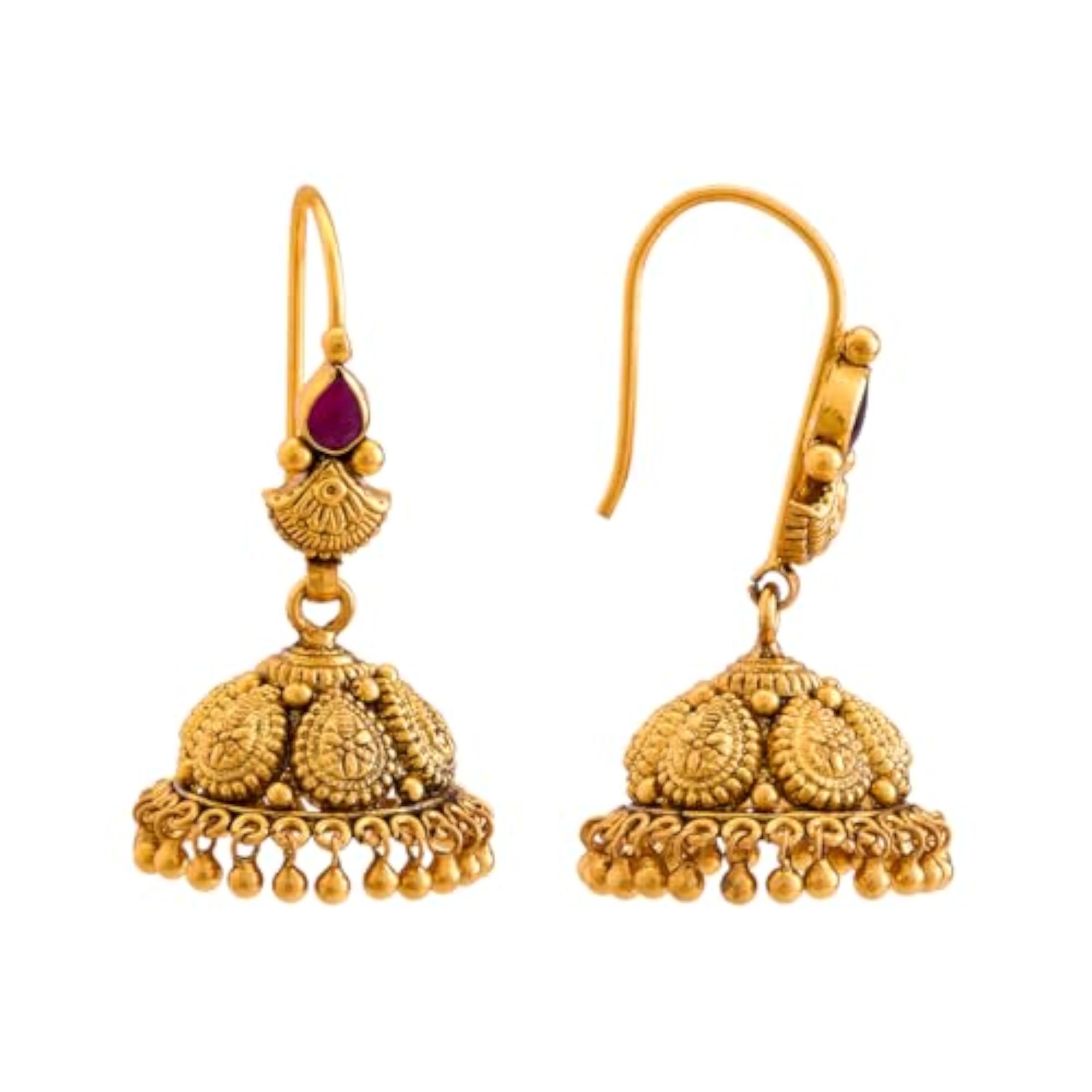 Women's Ruby Oxidised Gold Plated Temple Jhumka Earring Set
