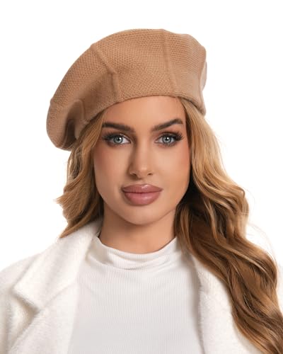 Nawati Luxury Women's Cashmere Beret Hat - 80% Cashmere 20% Wool, Elegant Ribbed Slouchy Knit Beanie Beret for Women Camel