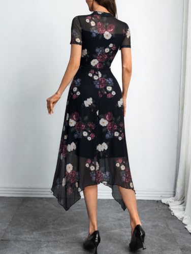 Image of GothDark Women's Wedding Guest Floral Print Vintage Goth Dress Mesh Spliced Double-Layered Irregular Hemline Midi Dresses