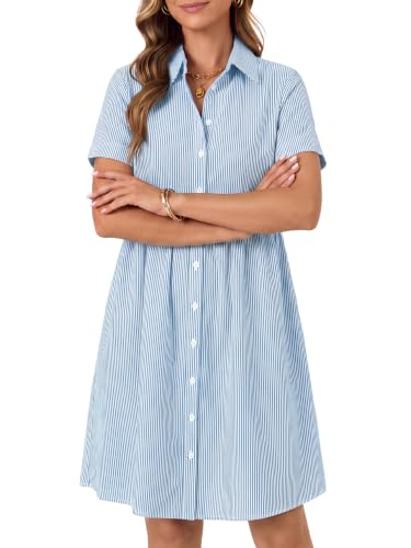 Women's Striped Shirt Collared Neck Button Down Mini Dress Solid Blue Large