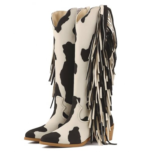 Image of KiutSymo Cowgirl Fringe Boots For Women White Tassels Cowboy Boots Knee High Pointed Toe Western Boots