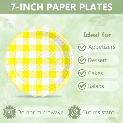 Image of Mulbozy 75 Yellow Gingham Paper Plates&Napkins Disposable for Party,7in