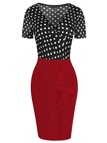 Oxiuly Womens Cross V Neck Slim Ruffle Hem Cocktail Party Sheath Pencil Dress Ox300 (L, Dot-Red) #TOP2