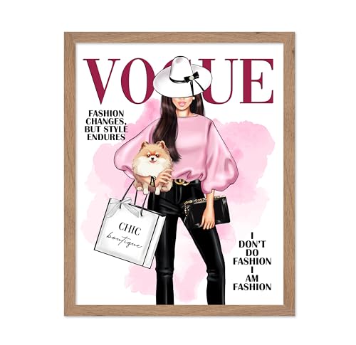 Image of Poster Master Lady with Dog Print - I Am Fashion Poster - Modern Trendy Art - Chic Gift for Women & Fashionista - Haute Couture Decor for Bedroom or Girls Room - 11x14 Beige Framed