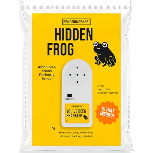 A hidden gadget that randomly croaks like a real frog indoors — the slow-burn, room-wide confusion prank that keeps on giving.