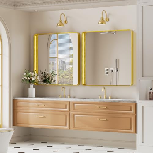 Image of Koonmi Gold Bathroom Mirror, 29x29 Shatterproof Wall Vanity Mirror