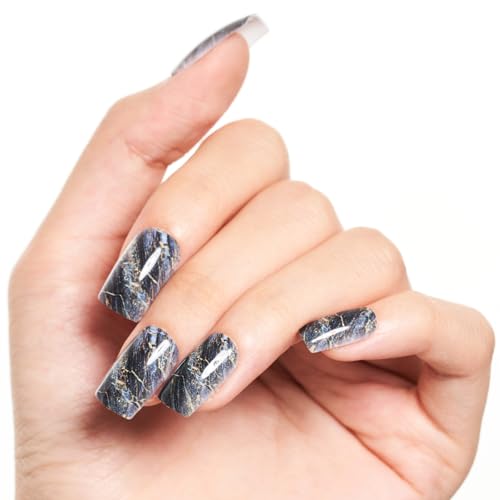 GLAMERMAID Ombre Press on Nails Medium Square, Fall Peacock Blue Marble Jelly Soft Gel Nails Square Fake Nail, Glossy Stick Glue 0n Nail Kit for Women, Reusable Stick on Acrylic Fake Nail Manicure Set — view 4