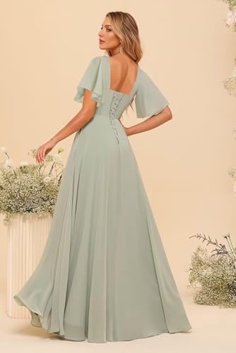 Stylefun A Line Chiffon Bridesmaid Dresses with Slit Flutter Sleeve Formal Party Dress CYM2722