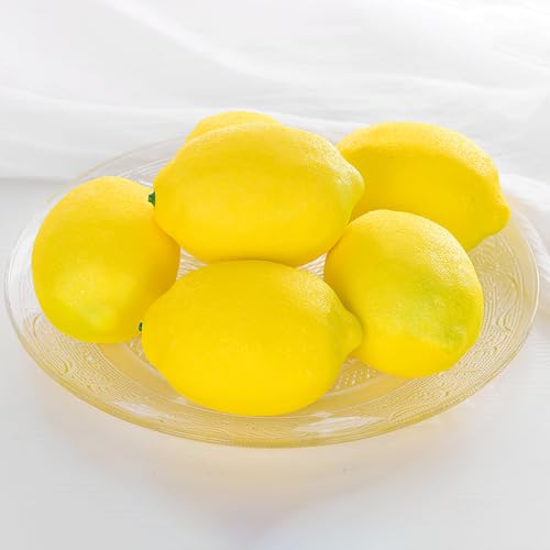 WOKICOR Juego de 6 limones artificiales decorativos, frutas artificiales de imitación amarillas realistas para decoración de mesa, decoración de limón, perfecto para cocina, fiesta de verano y centro,
