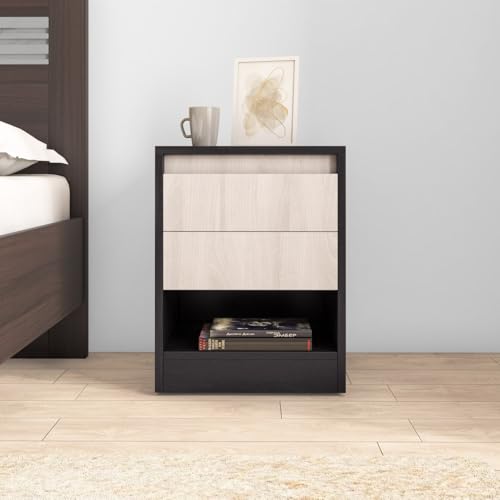 Image of Nilkamal Riva Night Stand | Wooden Bed Side Table with 2 Drawers and an Open Shelf | Multipurpose End Table for Bedroom, Living Room | Wenge & Sonoma Oak